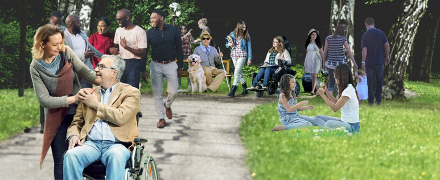 Many people with and without disabilities in a park setting.
