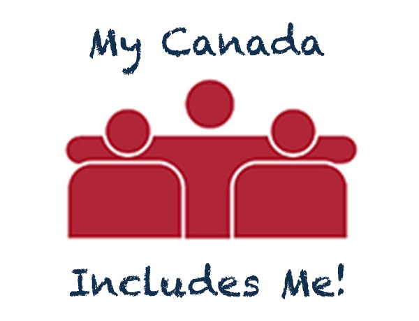 a simple design of three people hugging each other in support with My Canada Includes Me written around them