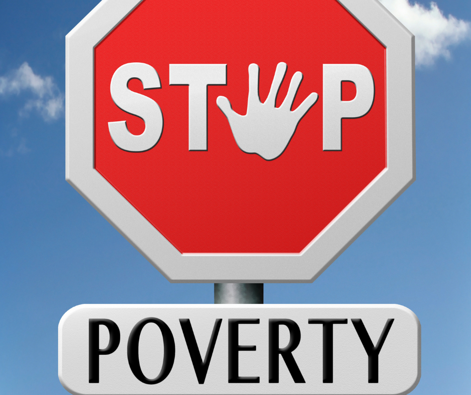 A stop sign with the word STOP on it and the word POVERTY below it.