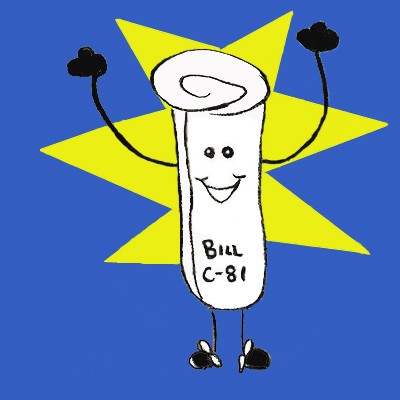 cartoon image of a wrapped up bill c-81 with his arms in the air