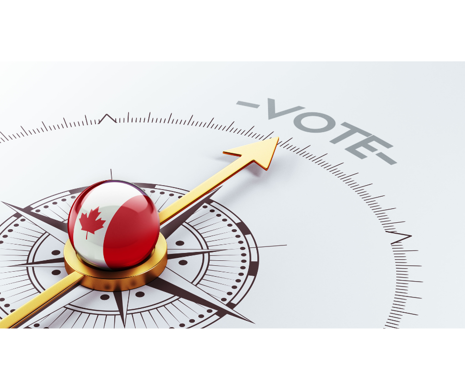 A compass pointing towards the word "vote". A Canada flog image is on the compass.