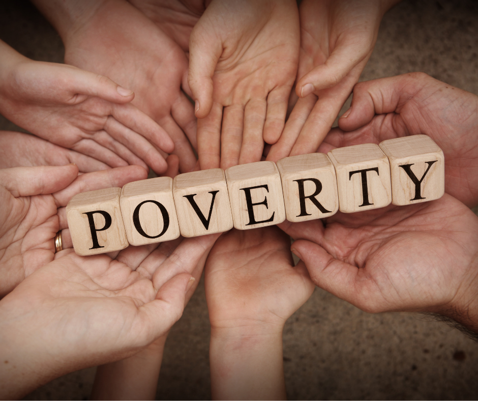 Disability Poverty Stats in Canada Many hands holding blocks that spell out the word poverty
