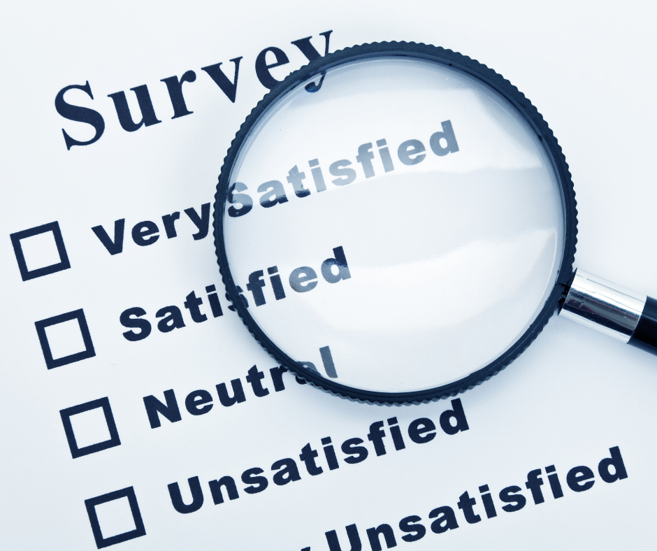 Survey A magnifying glass highlighting a survey question of very satisfied, satisfied, neutral, unsatisfied.