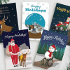Inclusive Holiday cards - 5 different designs: Rudolph with his shining nose, Santa with a vision disability being guided by a reindeer, Snowman using a wheelchair, Santa flying over the chimney in his power chair, snow globe with sledge hockey game