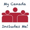 a simple design of three people hugging each other in support with My Canada Includes Me written around them