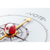 A compass pointing towards the word "vote". A Canada flog image is on the compass.